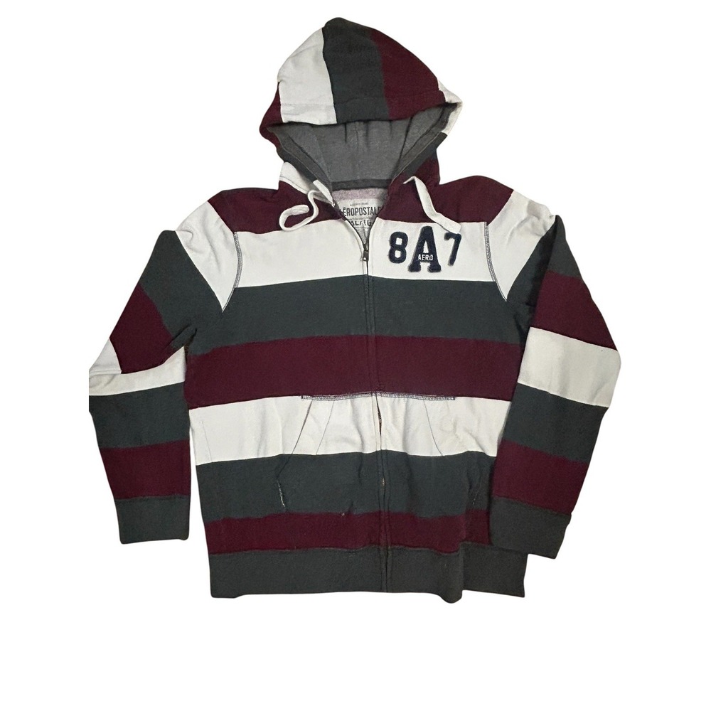 Vintage Aeropostale 87 Full Zip Hoodie Maroon Gray White Striped XL